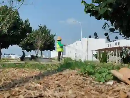 Colaborador de Entornos realizando mantenimiento de áreas verdes en un desarrollo habitacional.